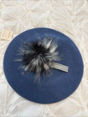 Anthropologie Helen Moore Peacock Blue Wool Beret with Faux-Fur Pom